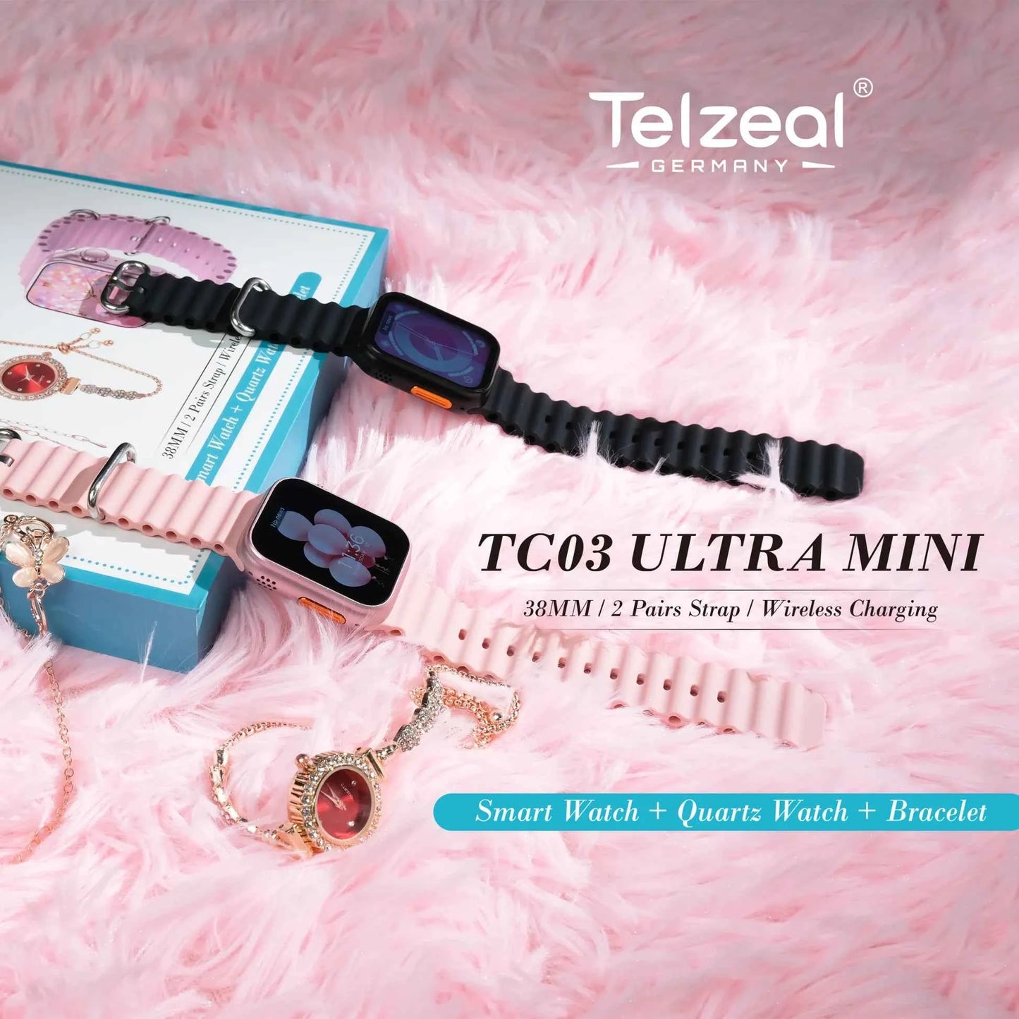 TC03 Mini Smart Watch | 38 mm Combo Set — Jewelry & Straps