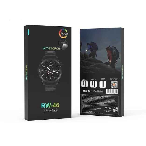 HT RW46 Smart Watch | 2.0″ Round AMOLED + Torch & 3-Strap Bundle | KSA Edition
